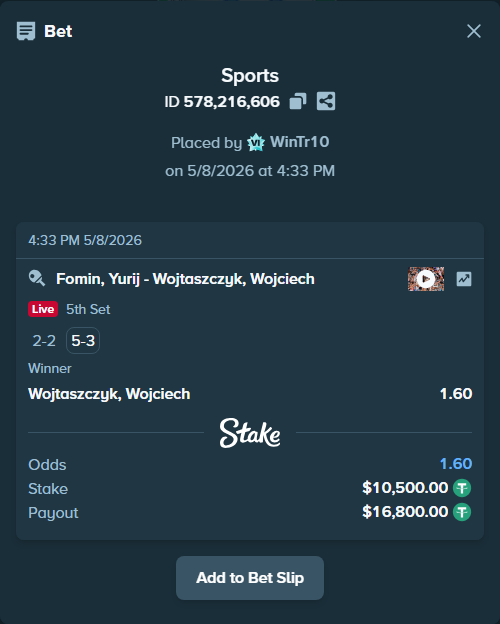 Bet slip: Fomin, Yurij - Wojtaszczyk, Wojciech, $10,500.00 stake at 1.60 odds, placed by WinTr10