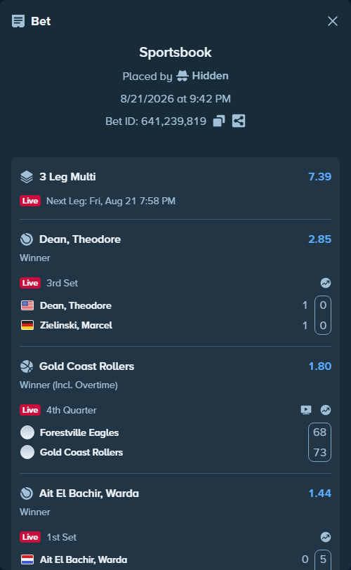 Bet slip: Forestville Eagles - Gold Coast Rollers, $10,000.00 stake at 1.80 odds, placed by Hidden