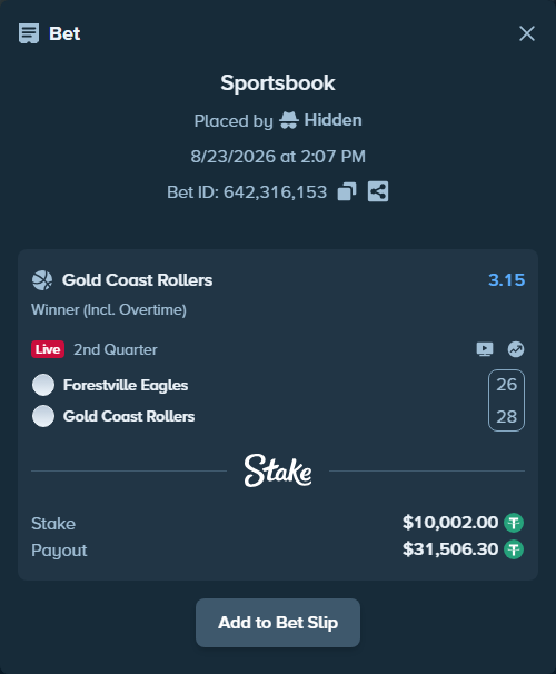 Bet slip: Forestville Eagles - Gold Coast Rollers, $10,000.00 stake at 3.15 odds, placed by Hidden