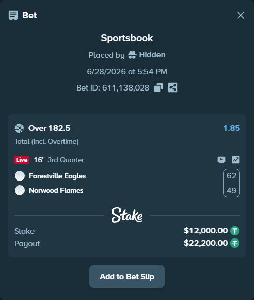 Bet slip: Forestville Eagles - Norwood Flames, $12,012.00 stake at 1.85 odds, placed by Hidden