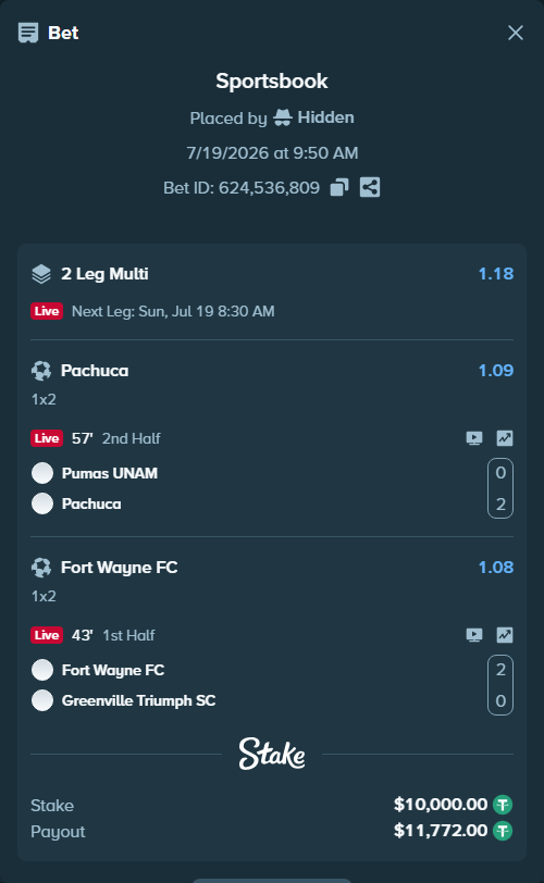 Bet slip: Fort Wayne FC - Greenville Triumph SC, $10,000.00 stake at 1.08 odds, placed by Hidden