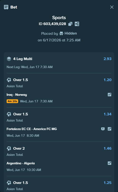 Bet slip: Fortaleza EC CE - America FC MG, $10,010.00 stake at 1.34 odds, placed by Hidden