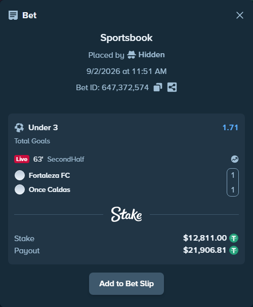 Bet slip: Fortaleza FC - CD Once Caldas, $12,811.00 stake at 1.71 odds, placed by Hidden