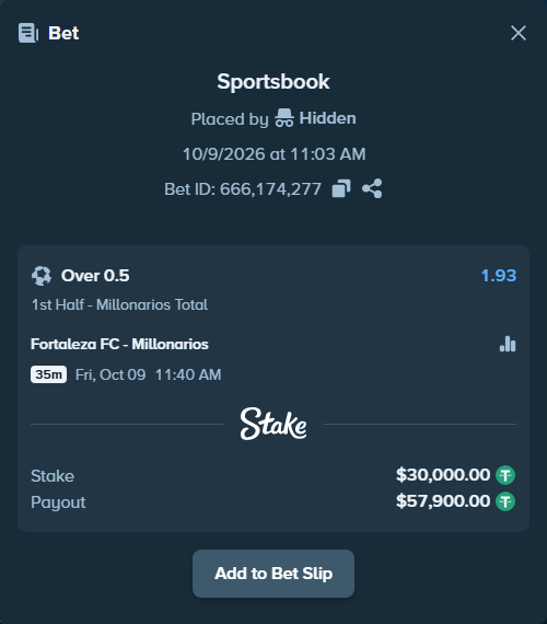 Bet slip: Fortaleza FC - Millonarios, $30,030.00 stake at 1.93 odds, placed by Hidden