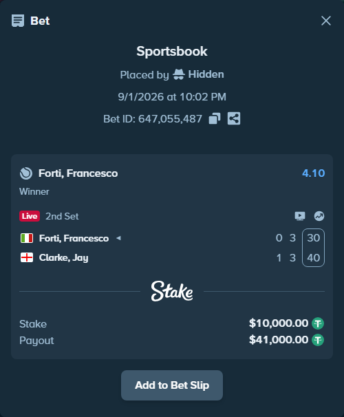 Bet slip: Forti, Francesco - Clarke, Jay, $10,000.00 stake at 4.10 odds, placed by Hidden