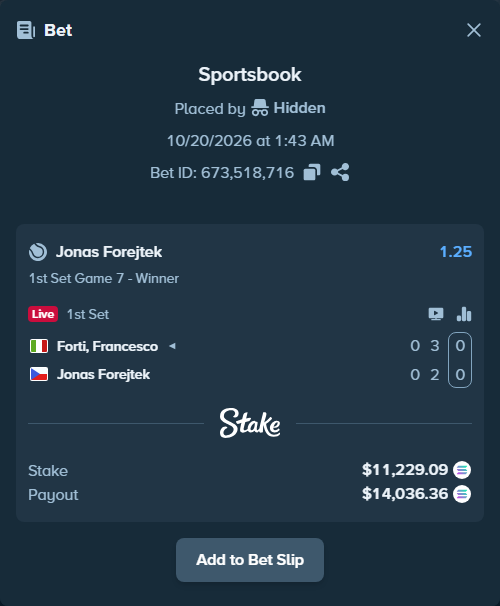 Bet slip: Forti, Francesco - Jonas Forejtek, $11,229.72 stake at 1.25 odds, placed by Hidden