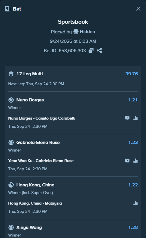 Bet slip: Forti, Francesco - Juan Mano, Alejandro, $10,000.00 stake at 1.34 odds, placed by Hidden
