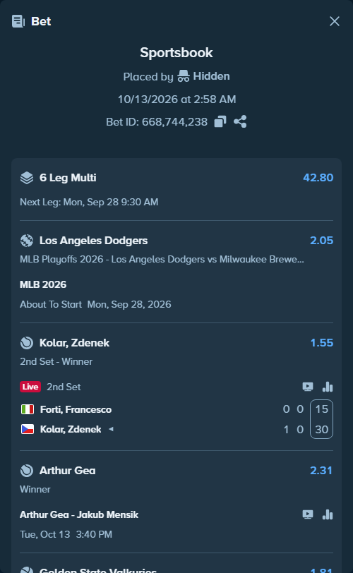 Bet slip: Forti, Francesco - Kolar, Zdenek, $13,713.70 stake at 1.55 odds, placed by Hidden