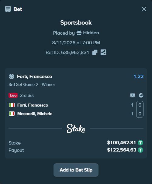 Bet slip: Forti, Francesco - Mecarelli, Michele, $100,563.28 stake at 1.22 odds, placed by Hidden
