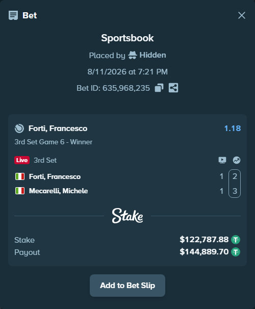 Bet slip: Forti, Francesco - Mecarelli, Michele, $122,910.67 stake at 1.18 odds, placed by Hidden
