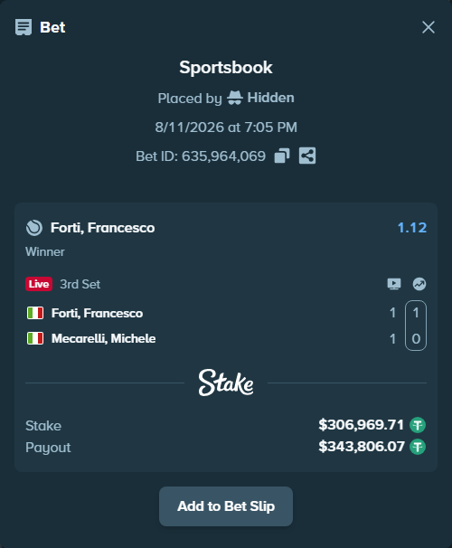 Bet slip: Forti, Francesco - Mecarelli, Michele, $307,276.68 stake at 1.12 odds, placed by Hidden