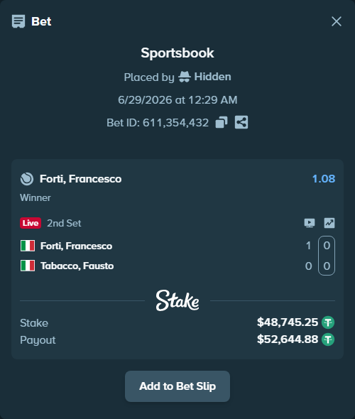 Bet slip: Forti, Francesco - Tabacco, Fausto, $48,794.00 stake at 1.08 odds, placed by Hidden