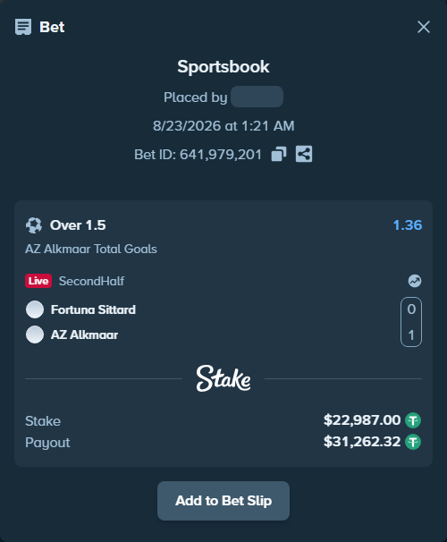 Bet slip: Fortuna Sittard - AZ Alkmaar, $22,987.00 stake at 1.36 odds, placed by tlwns4736