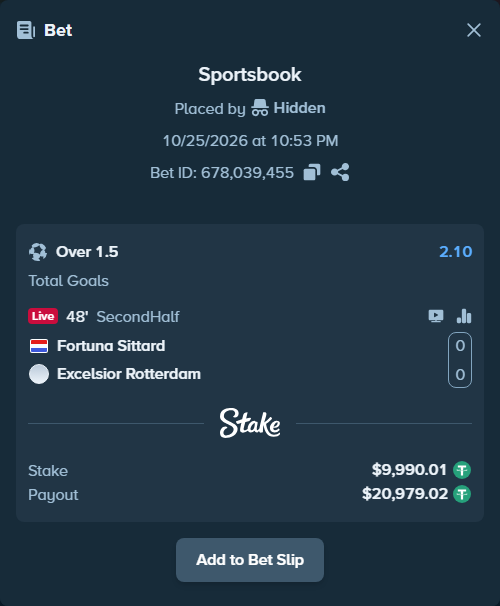 Bet slip: Fortuna Sittard - Excelsior, $10,000.00 stake at 2.10 odds, placed by playppt