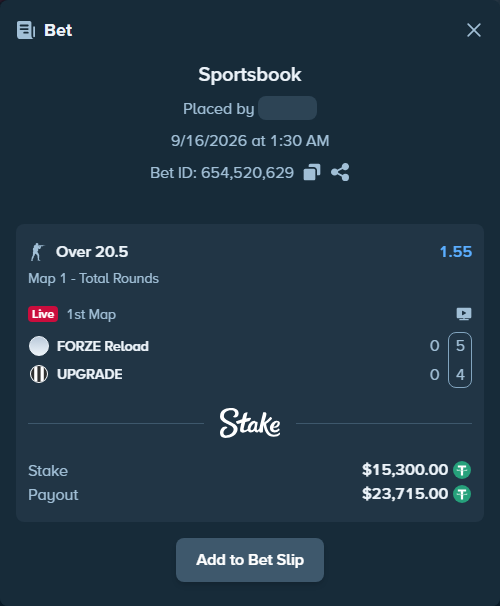 Bet slip: FORZE Reload - UPGRADE, $15,300.00 stake at 1.55 odds, placed by saszakoncza