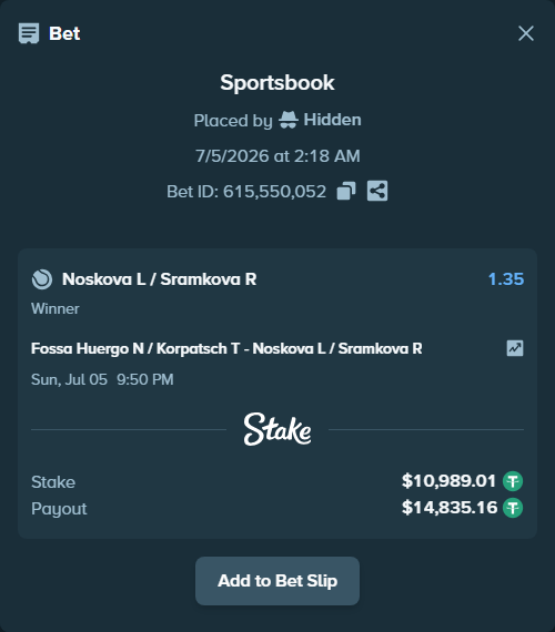 Bet slip: Fossa Huergo N / Korpatsch T - Noskova L / Sramkova R, $11,000.00 stake at 1.35 odds, placed by Hidden