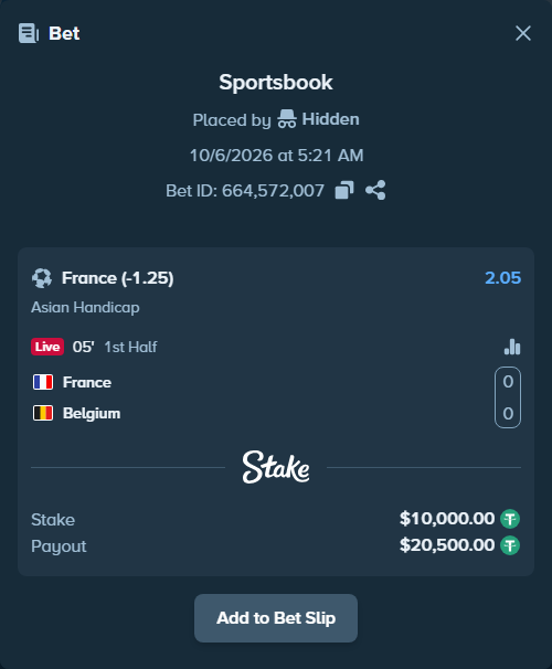 Bet slip: France - Belgium, $10,000.00 stake at 2.05 odds, placed by Hidden
