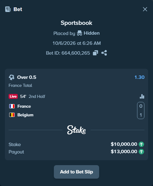 Bet slip: France - Belgium, $10,000.00 stake at 1.30 odds, placed by Hidden