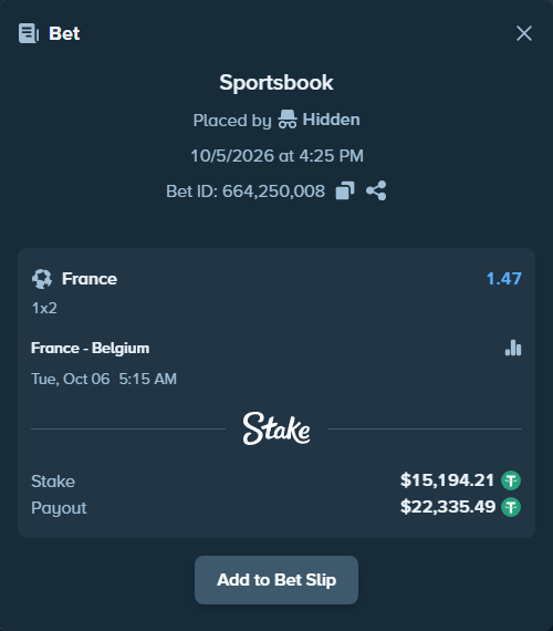 Bet slip: France - Belgium, $15,194.21 stake at 1.47 odds, placed by GhostInnaRL