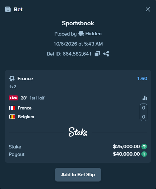 Bet slip: France - Belgium, $25,000.00 stake at 1.60 odds, placed by GhostInnaRL