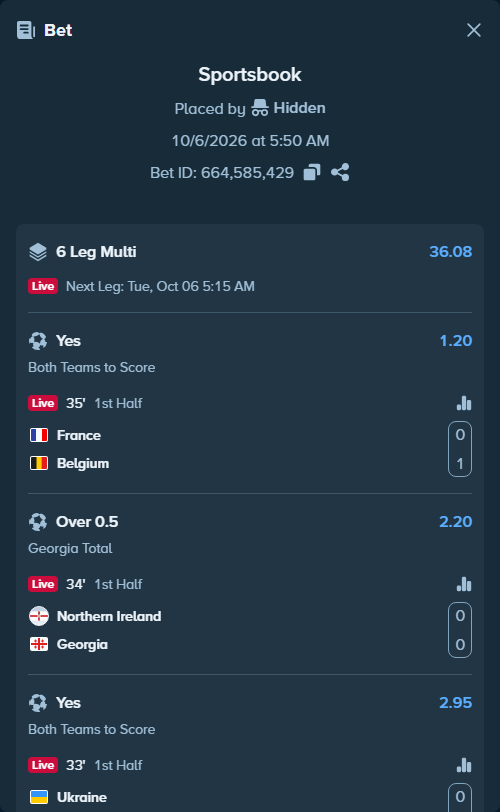 Bet slip: France - Belgium, $25,000.00 stake at 1.20 odds, placed by Hidden