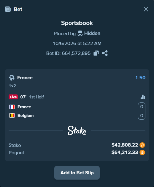 Bet slip: France - Belgium, $42,784.50 stake at 1.50 odds, placed by Atte90