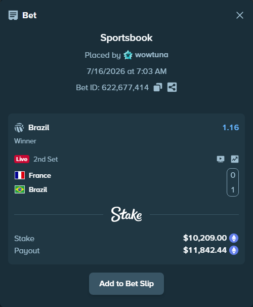 Bet slip: France - Brazil, $10,093.88 stake at 1.16 odds, placed by wowtuna