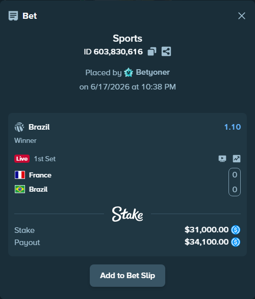 Bet slip: France - Brazil, $31,000.00 stake at 1.10 odds, placed by Betyoner
