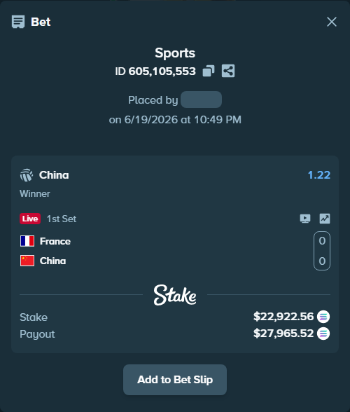 Bet slip: France - China, $24,026.64 stake at 1.22 odds, placed by Pastrrr
