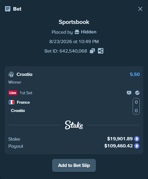 Bet slip: France - Croatia, $20,067.01 stake at 5.50 odds, placed by Hidden