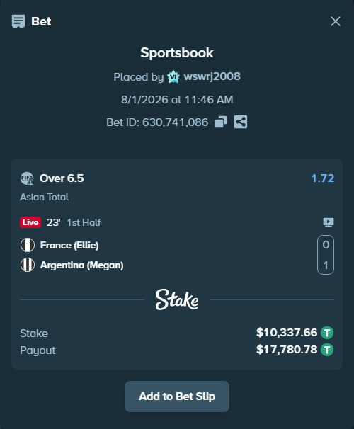 Bet slip: France (Ellie) - Argentina (Megan), $10,348.00 stake at 1.72 odds, placed by wswrj2008