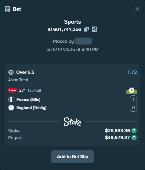 Bet slip: France (Ellie) - England (Trinity), $28,912.24 stake at 1.72 odds, placed by wswrj2008