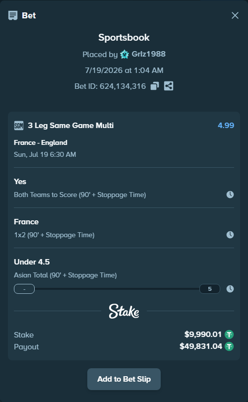 Bet slip: France - England, $10,000.00 stake at 1.49 odds, placed by GrIz1988