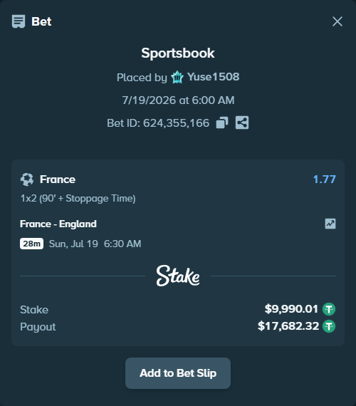 Bet slip: France - England, $10,000.00 stake at 1.77 odds, placed by Yuse1508