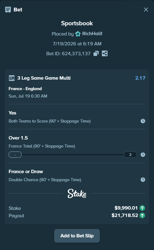 Bet slip: France - England, $10,000.00 stake at 1.44 odds, placed by RichHalif