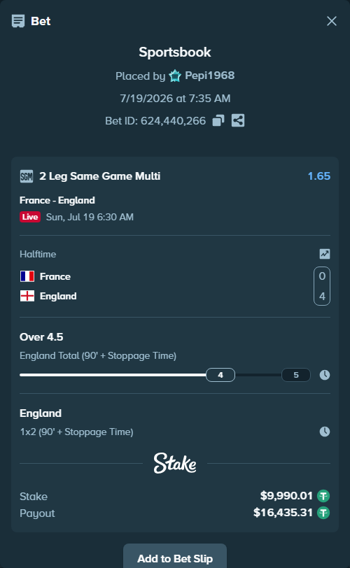 Bet slip: France - England, $10,000.00 stake at 1.65 odds, placed by Pepi1968
