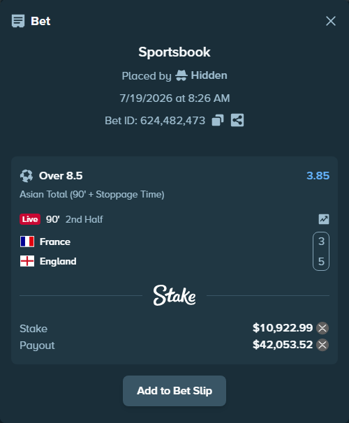 Bet slip: France - England, $10,360.00 stake at 3.85 odds, placed by Hidden