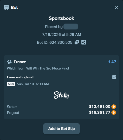 Bet slip: France - England, $12,461.84 stake at 1.47 odds, placed by Hallfkh