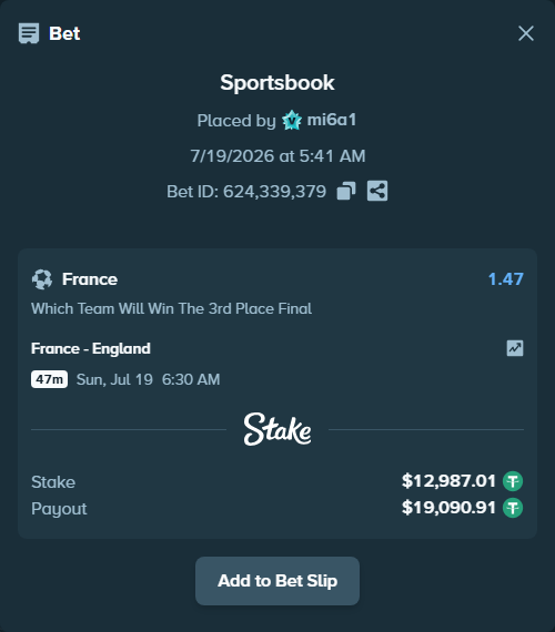 Bet slip: France - England, $13,000.00 stake at 1.47 odds, placed by mi6a1