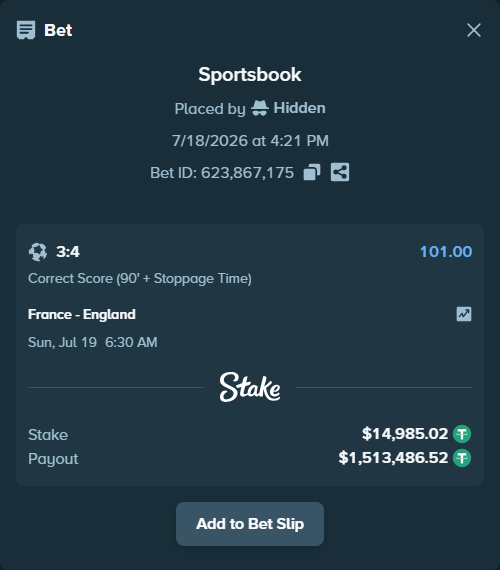 Bet slip: France - England, $15,000.00 stake at 101.00 odds, placed by Hidden