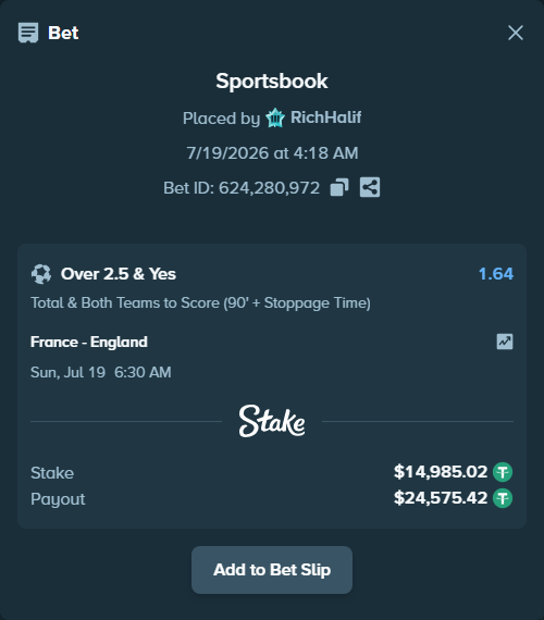 Bet slip: France - England, $15,000.00 stake at 1.64 odds, placed by RichHalif