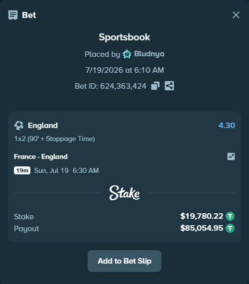 Bet slip: France - England, $19,800.00 stake at 4.30 odds, placed by Bludnya