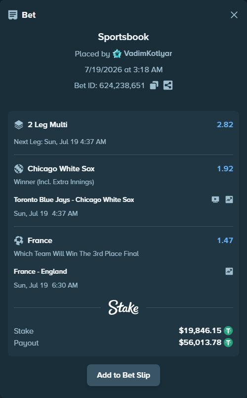 Bet slip: France - England, $19,866.00 stake at 1.47 odds, placed by VadimKotlyar