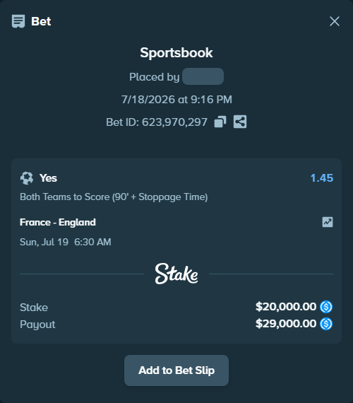 Bet slip: France - England, $20,000.00 stake at 1.45 odds, placed by hagrid17