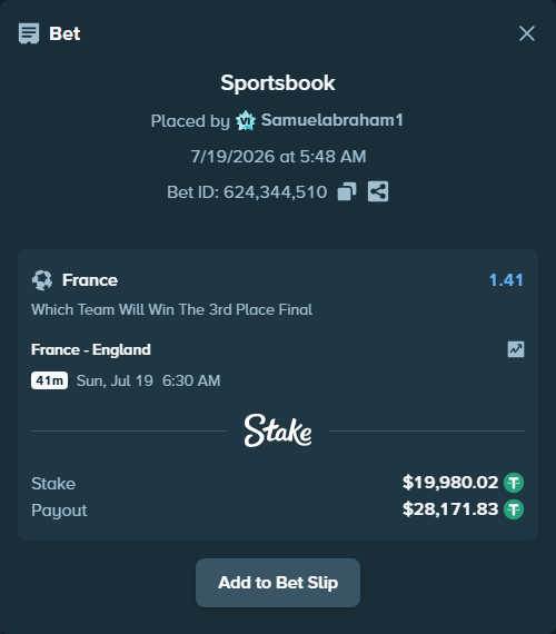 Bet slip: France - England, $20,000.00 stake at 1.41 odds, placed by Samuelabraham1