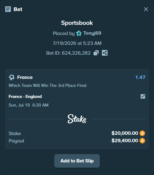 Bet slip: France - England, $24,131.08 stake at 1.47 odds, placed by Tonyj69