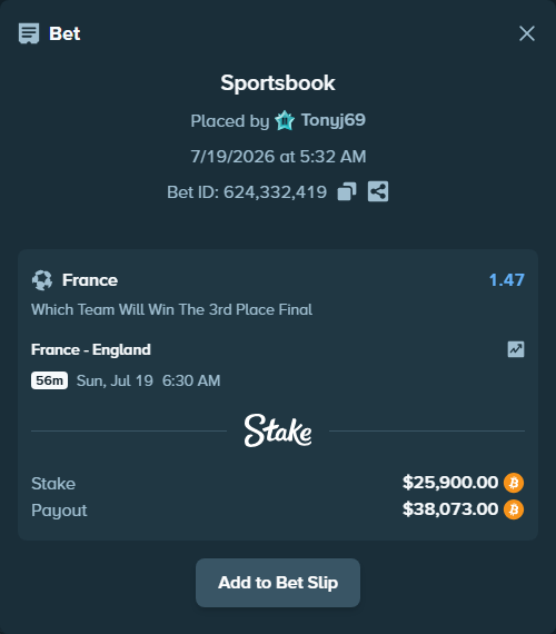 Bet slip: France - England, $25,839.53 stake at 1.47 odds, placed by Tonyj69