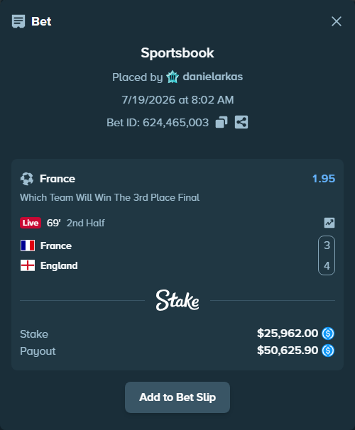 Bet slip: France - England, $25,962.00 stake at 1.95 odds, placed by danielarkas