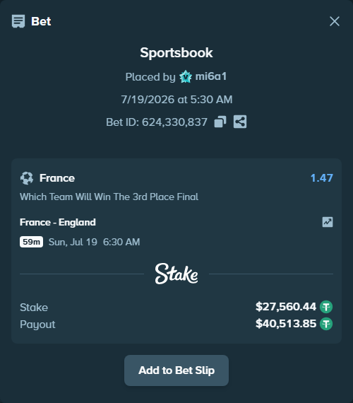 Bet slip: France - England, $27,588.00 stake at 1.47 odds, placed by mi6a1