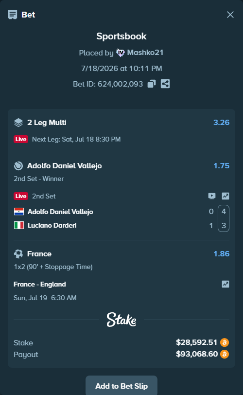 Bet slip: France - England, $28,709.67 stake at 1.86 odds, placed by Mashko21